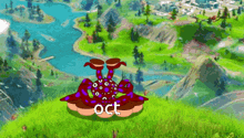 a cartoon octopus is sitting on top of a grassy hill with the words oct written on it .
