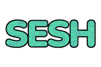 the word sesh is written in green letters with black outlines
