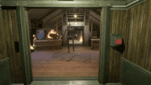 a robot is walking through a doorway in a room