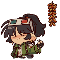 a cartoon drawing of a person wearing 3d glasses and a stack of fireworks