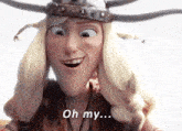 a cartoon character is wearing a helmet and smiling with the words oh my written below her