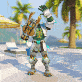 a video game character is standing in front of a pool with palm trees in the background