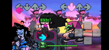 a screenshot of a video game called fnf where a girl is sitting on a speaker holding a microphone .