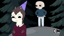two cartoon characters are standing next to each other with cn written on the bottom right