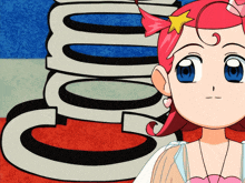 a girl with pink hair and a star on her head stands in front of a sign that says good