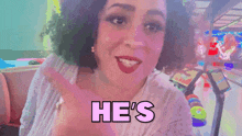 a woman with a surprised look on her face and the word not written in pink