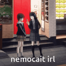 two anime girls standing next to each other with the words nemocat irl on the bottom right