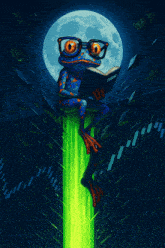 a frog is holding a book while flying through the air