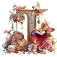 the letter j is decorated with pearls flowers and a heart