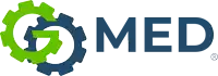 a blue and green logo for med with a gear in the center