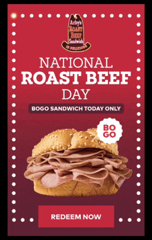 a poster for national roast beef day shows a sandwich on a bun