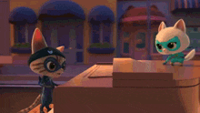 two cartoon cats are standing next to each other in a city