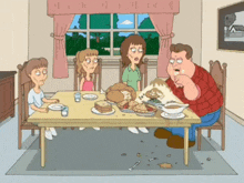 a cartoon of a family sitting around a table