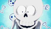 a cartoon of a skeleton with skulls and bones around him
