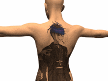 a person with a tattoo on their back that looks like a cartoon character