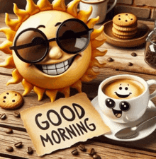 a sun wearing sunglasses sits next to a cup of coffee