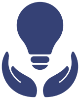two hands holding a light bulb in a blue icon