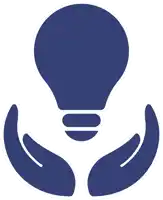 two hands holding a light bulb in a blue icon