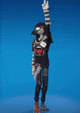 a cartoon character wearing a black shirt with a skull on it is standing with his arms outstretched