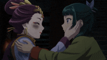 two anime characters are touching each other 's faces in the dark