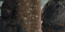 a man and a dinosaur are standing next to each other on a rock