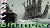 a happy birthday card with a boat and a monster in the water