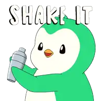 a penguin holding a shaker with the words shake it written above it