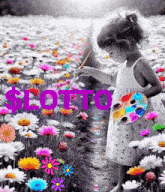 a little girl is holding a palette and a brush in front of a field of flowers with the word lotto written in red