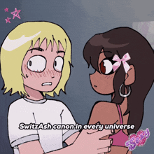 a cartoon of a boy and a girl with a caption that says switzash canon in every universe