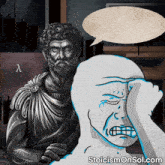 a statue of a man with a speech bubble next to a man with tears on his face