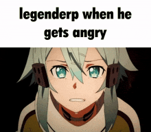 a picture of a girl with the words " legenderp when he gets angry " on it