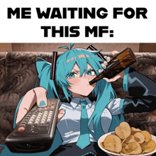 a girl sitting on a couch drinking from a bottle and eating chips