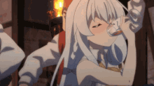 a girl with white hair is drinking from a glass with her eyes closed