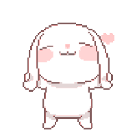 a pixel art drawing of a white rabbit with pink cheeks and a pink heart behind it .