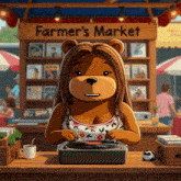 a cartoon of a bear playing a record in front of a farmer 's market