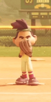 a cartoon character is standing on a baseball field holding a glove .