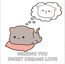a cat is laying on a pillow with a thought bubble that says missing you sweet dreams love