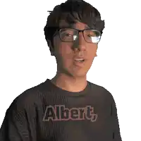 a man wearing glasses and a black shirt that says albert on it
