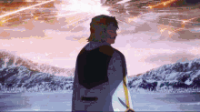 a man in a military uniform is standing in front of a snowy mountain range