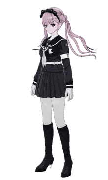 the back of a girl with pigtails wearing a black school uniform and black boots