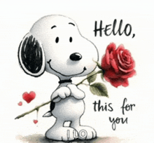 snoopy is holding a red rose with the words hello this for you below him