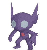 a purple cartoon character with blue eyes and a red cube on his chest