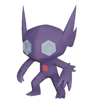 a purple cartoon character with blue eyes and a red cube on his chest