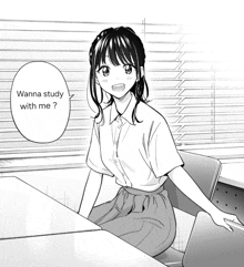 a black and white drawing of a girl sitting at a desk with the words " wanna study with me " above her