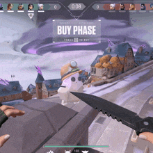 a person holding a knife in front of a buy phase sign