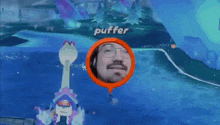 a video game screen shows a character named puffer swimming in the water