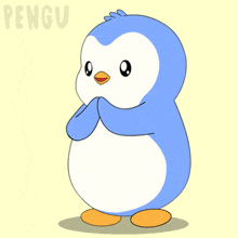 a blue and white penguin with heart shaped eyes and the word pengu on the bottom