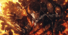 a man in a suit and tie is surrounded by fire and smoke