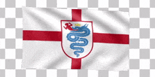 a red white and blue flag with a dragon on the shield