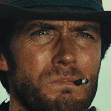 a man with a beard wearing a cowboy hat and smoking a cigar
